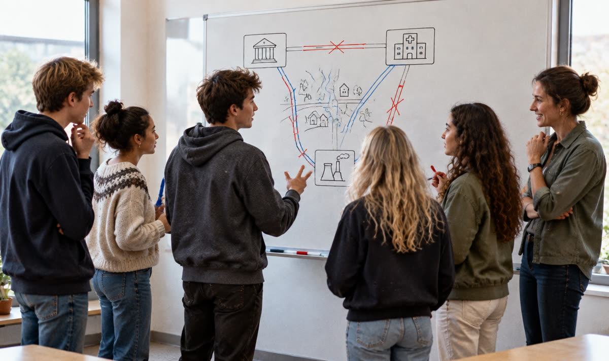 Fem tonåringar ritar en karta över en stad på en whiteboard, en handledare lyssnar